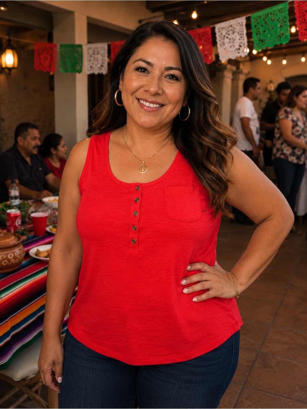 Sonoma Life + Style Sleeveless Henley Tank Top – 1X – Bright Coral Red